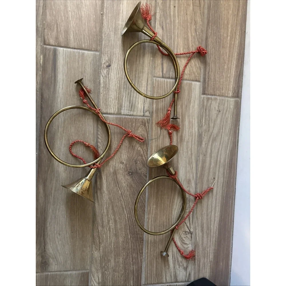 Lot‎ Of 3 Vintage 13 Inch Decorative Brass Horns with Rope for Hanging